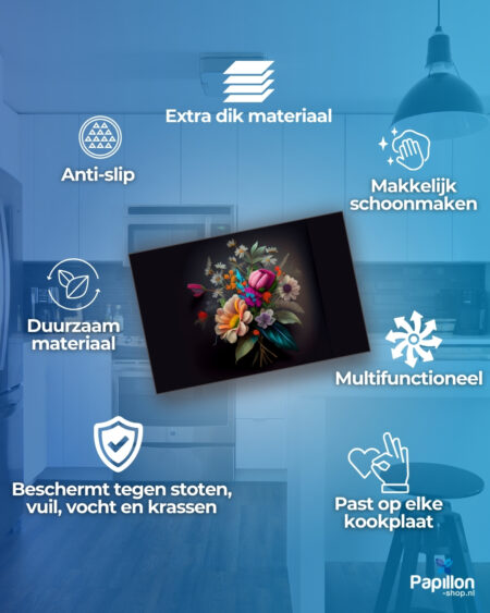 Papillon Inductie beschermer - Kleurrijke Bloemen op Zwart - Afbeelding 3