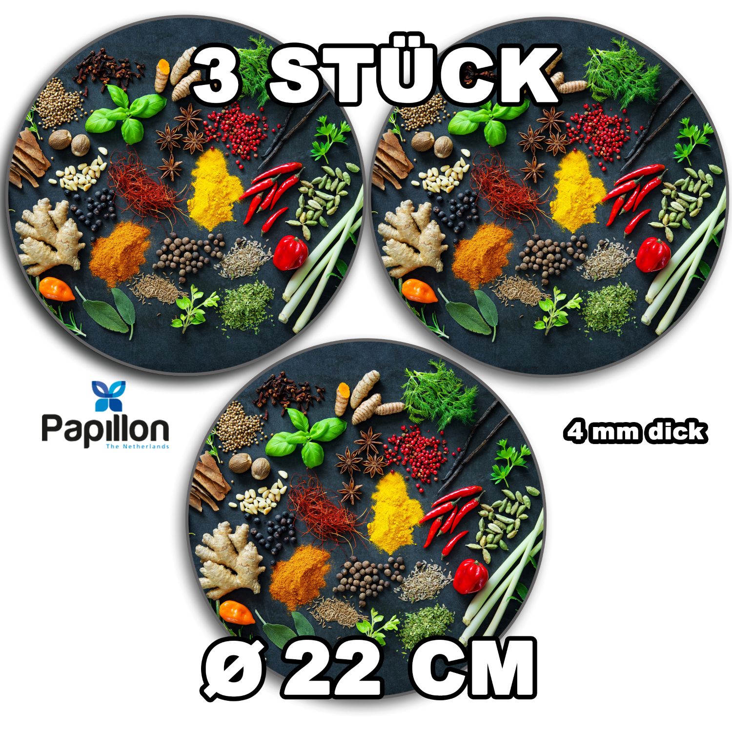 Papillon Pannenonderzetter - 3 stuks - Ø22cm - Kruiden & Pepers - Afbeelding 3